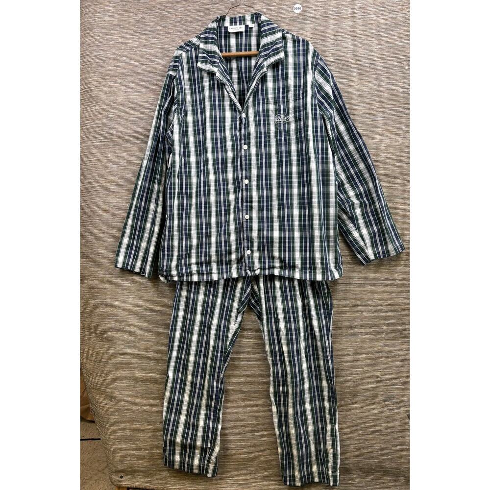 Lacoste Pajama Set 2 Piece Mens XL Blue Green Plaid Cotton Sleepwear 4H7988